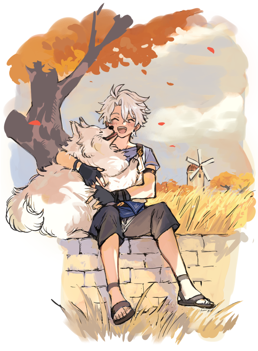 1boy, aged_down, animal_hug, autumn_leaves, black_gloves, border, brick_wall, brown_pants, brown_sandals, closed_eyes, commentary_request, dog, fingerless_gloves, full_body, gloves, greco-roman_clothes, grey_hair, grey_shirt, grey_sky, honkai:_star_rail, honkai_(series), leaf, male_focus, open_mouth, pants, petals, phainon_(a_dream_scented_in_wheat)_(honkai:_star_rail), phainon_(honkai:_star_rail), sandals, shirt, short_sleeves, sky, smile, towa_(10_wa), tree, wheat_field