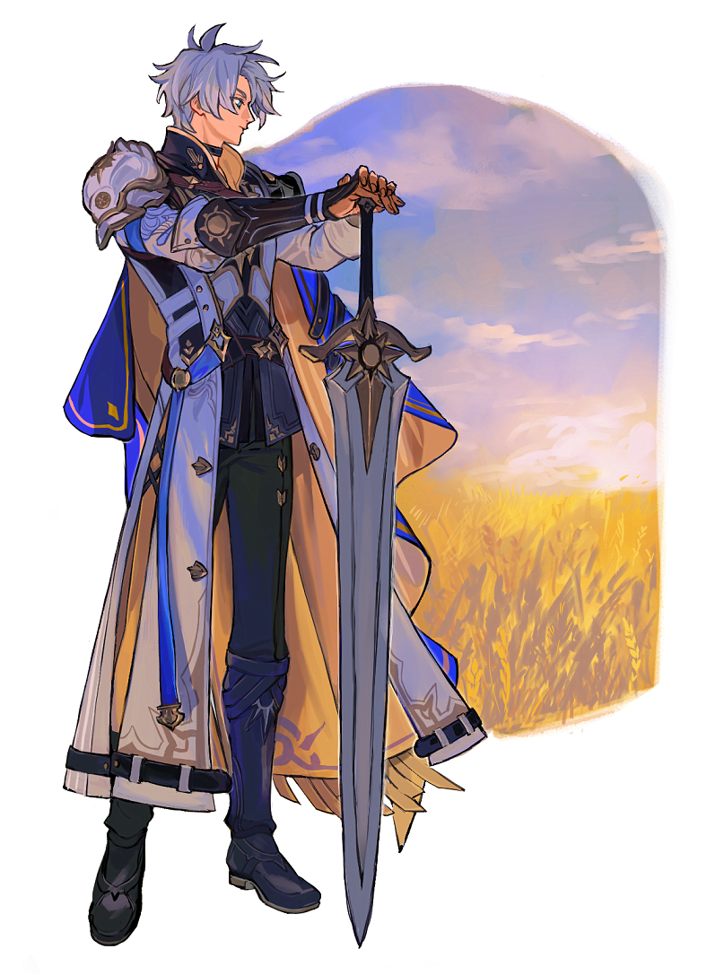 1boy, armor, black_pants, blue_cape, blue_eyes, blue_sky, border, cape