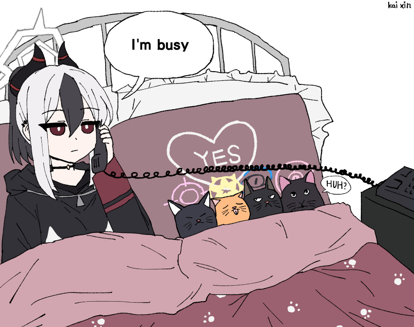 1girl, :p, animalization, bed, bed_frame, black_cat, black_choker, black_hair, black_halo, black_hoodie, black_streaks, blue_archive, blue_halo, bright_pupils, cat, choker, closed_mouth, commentary, corded_phone, curled_horns, earrings, english_text, expressionless, frilled_pillow, frills, hair_between_eyes, halo, highres, holding, holding_phone, hood, hoodie, horns, huh?_cat_(meme), jewelry, jitome, kai_xin, kayoko_(blue_archive), kazusa_(blue_archive), kikyou_(blue_archive), long_sleeves, mari_(blue_archive), meme, multiple_cats, on_bed, orange_cat, paw_print, phone, pillow, pink_halo, ponytail, red_eyes, serika_(blue_archive), simple_background, tongue, tongue_out, trait_connection, under_covers, whiskers, white_background, white_hair, white_halo, white_pupils, yellow_halo, yes-no_pillow