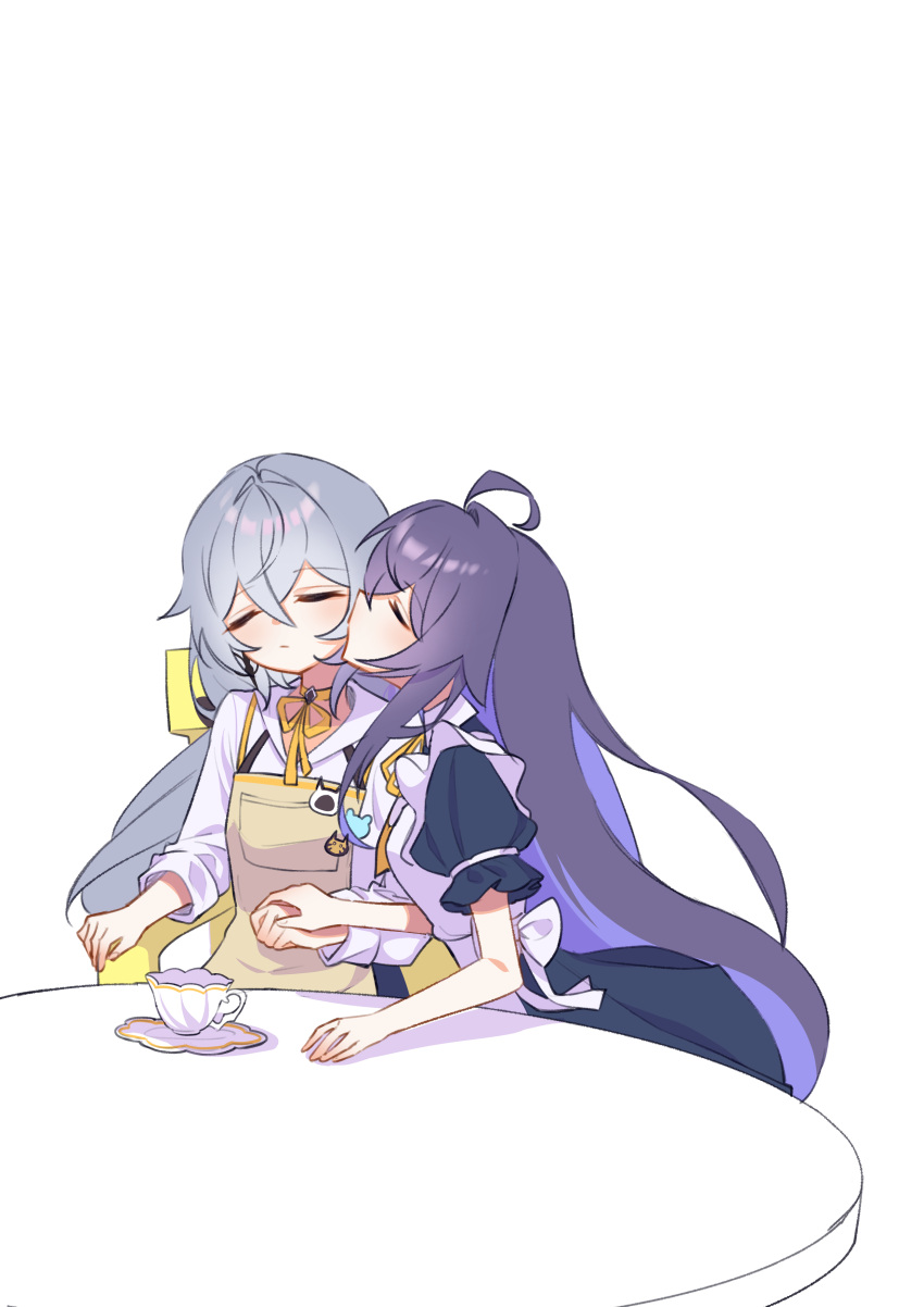 2girls, absurdres, ahoge, apron, benghuai_xueyuan, black_dress, bronya_zaychik, closed_eyes, colored_inner_hair, cup, double_cheek_kiss, dress, grey_hair, highres, holding_hands, honkai_(series), kiss, kissing_cheek, maid, multicolored_hair, multiple_girls, pic_p_p, purple_hair, saucer, seele_vollerei, shirt, simple_background, table, teacup, upper_body, white_apron, white_background, white_shirt, yellow_apron, yuri
