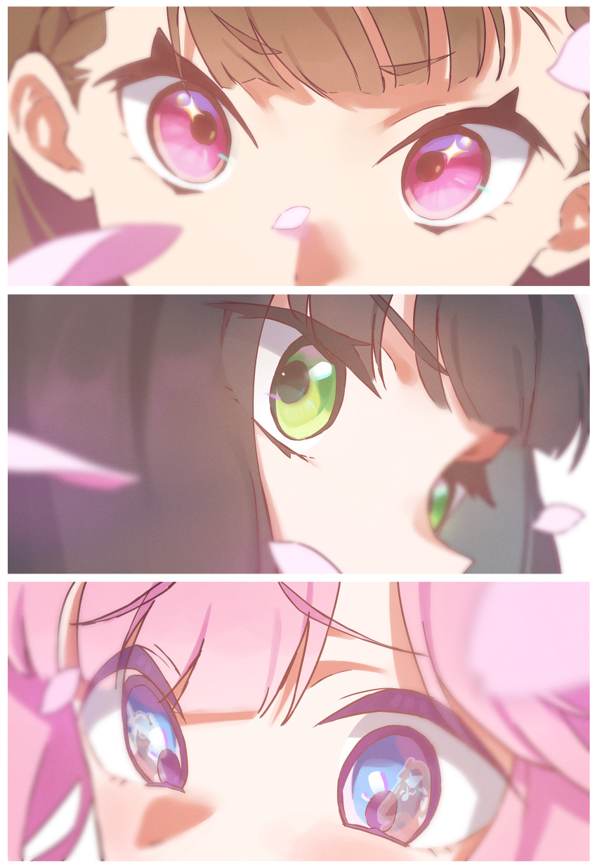3girls, absurdres, anyoji_hime, black_hair, blue_eyes, blunt_bangs, border, braid, brown_hair, center-flap_bangs, column_lineup, commentary_request, eye_focus, eye_reflection, falling_petals, fujishima_megumi, green_eyes, hasu_no_shousankaku, highres, kachimachi_kosuzu, link!_like!_love_live!, love_live!, momose_ginko, multiple_girls, osawa_rurino, petals, pink_eyes, pink_hair, pink_petals, raised_inner_eyebrows, reflection, short_eyebrows, side_braids, sparkling_eyes, sunkeun, v-shaped_eyebrows, virtual_youtuber, white_border