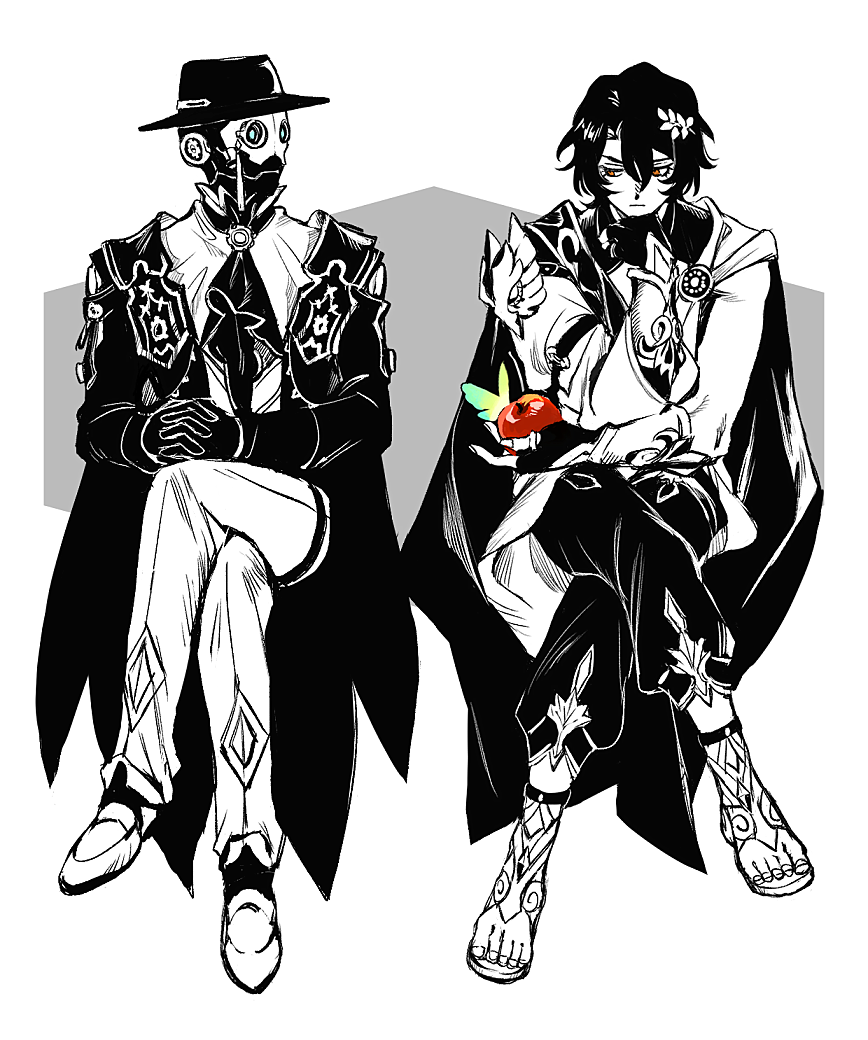 2boys, apple, ascot, black_pants, blue_eyes, bug, butterfly, cape, clothed_robot, commentary, crossed_arms, crossed_legs, dr._ratio_(honkai:_star_rail), english_commentary, food, fruit, full_body, hand_on_own_chin, hat, holding, holding_food, holding_fruit, honkai:_star_rail, honkai_(series), humanoid_robot, laurel_crown, looking_at_another, looking_to_the_side, male_focus, monocle, multiple_boys, pants, red_eyes, robot, sandals, screwllum_(honkai:_star_rail), spot_color, tailcoat, thinking, towa_(10_wa)