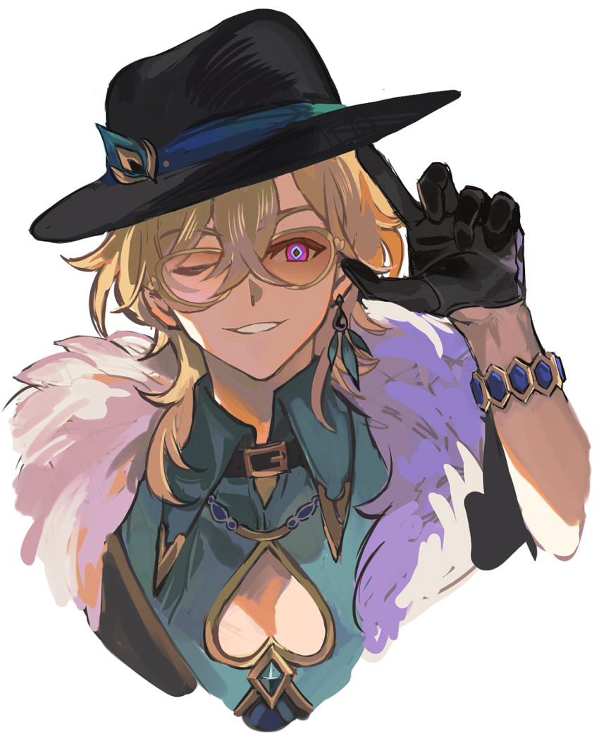 1boy, adjusting_clothes, adjusting_headwear, aventurine_(honkai:_star_rail), black_gloves, black_hat, blonde_hair, blue_eyes