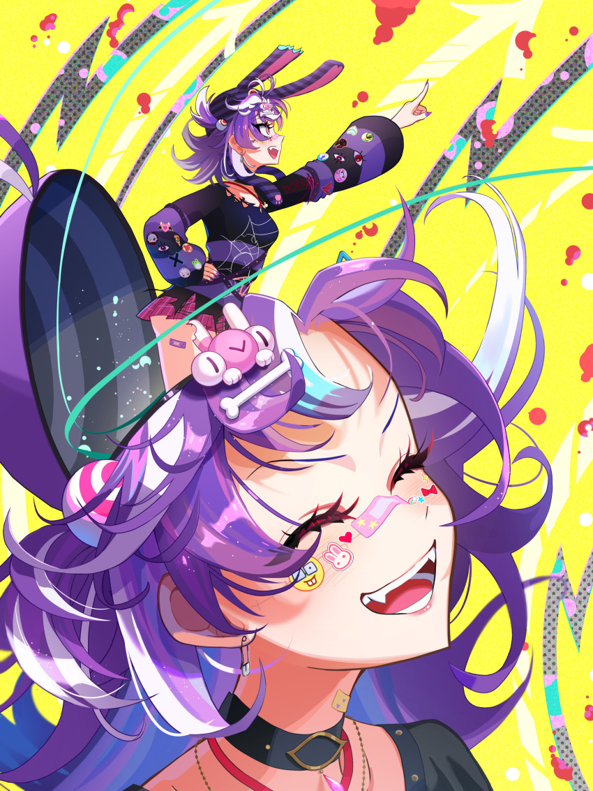 2girls, absurdres, black_choker, black_shirt, choker, closed_eyes, dual_persona, highres