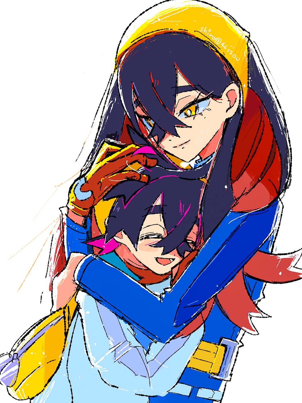 1boy, 1girl, black_hair, blue_jacket, blush, brother_and_sister, carmine_(pokemon), closed_eyes