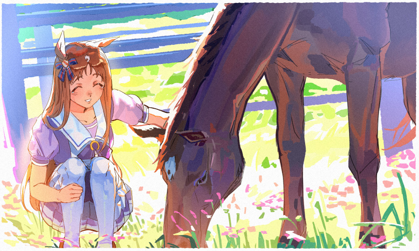 1girl, 1other, absurdres, blixadon, brown_fur, grass_wonder_(umamusume), highres, horse