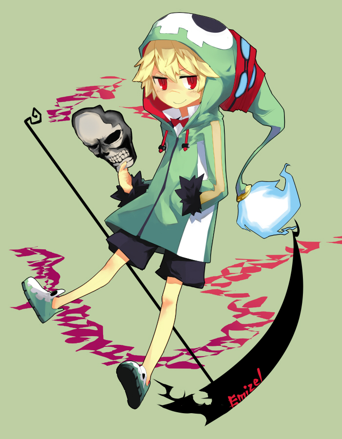 blonde_hair, character_name, child, disgaea, emizel, gj_(minoru), green_background, hoodie, makai_senki_disgaea_4, male, nippon_ichi, red_eyes, scythe, short_hair, skull