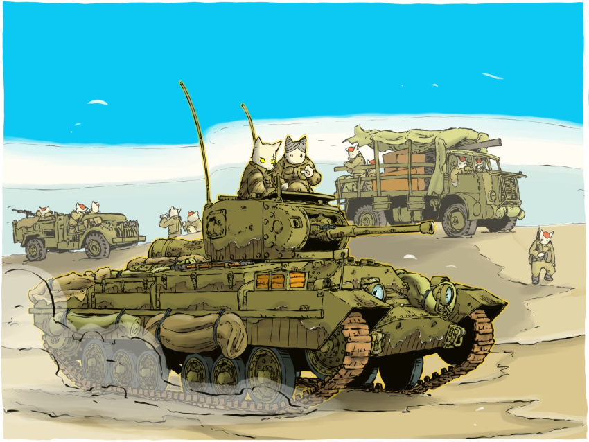 6+boys, cannon, cat_boy, caterpillar_tracks, desert, dust_cloud, highres, hill