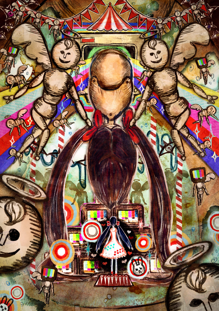 1girl, abstract, angel, bow, commentary_request, disembodied_eye, ekm, gekidan_inu_curry_(style)