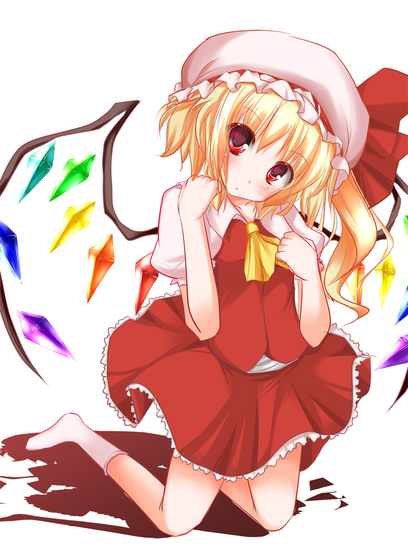 ascot, blonde_hair, dress, flandre_scarlet, gorujitai, hat, kneeling, red_dress