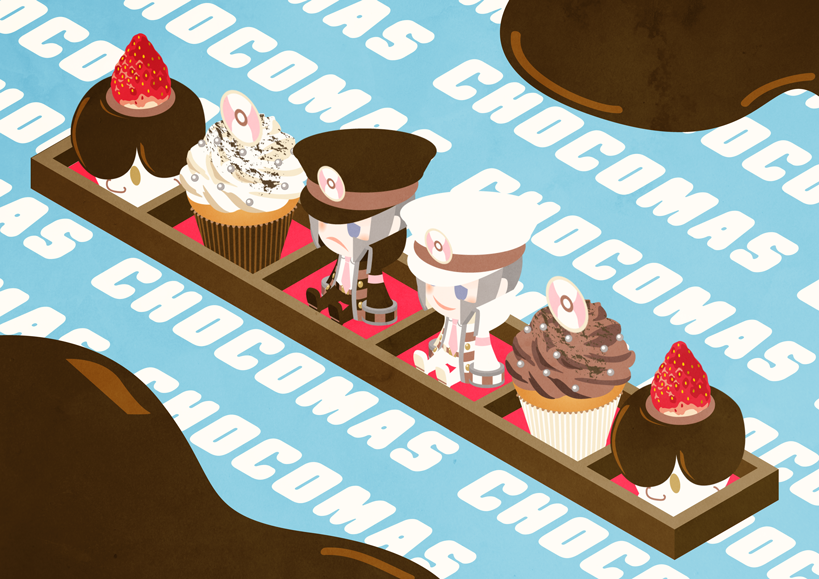 2boys, black_coat, brothers, character-themed_food, chibi, chibi_only, chocolate, coat