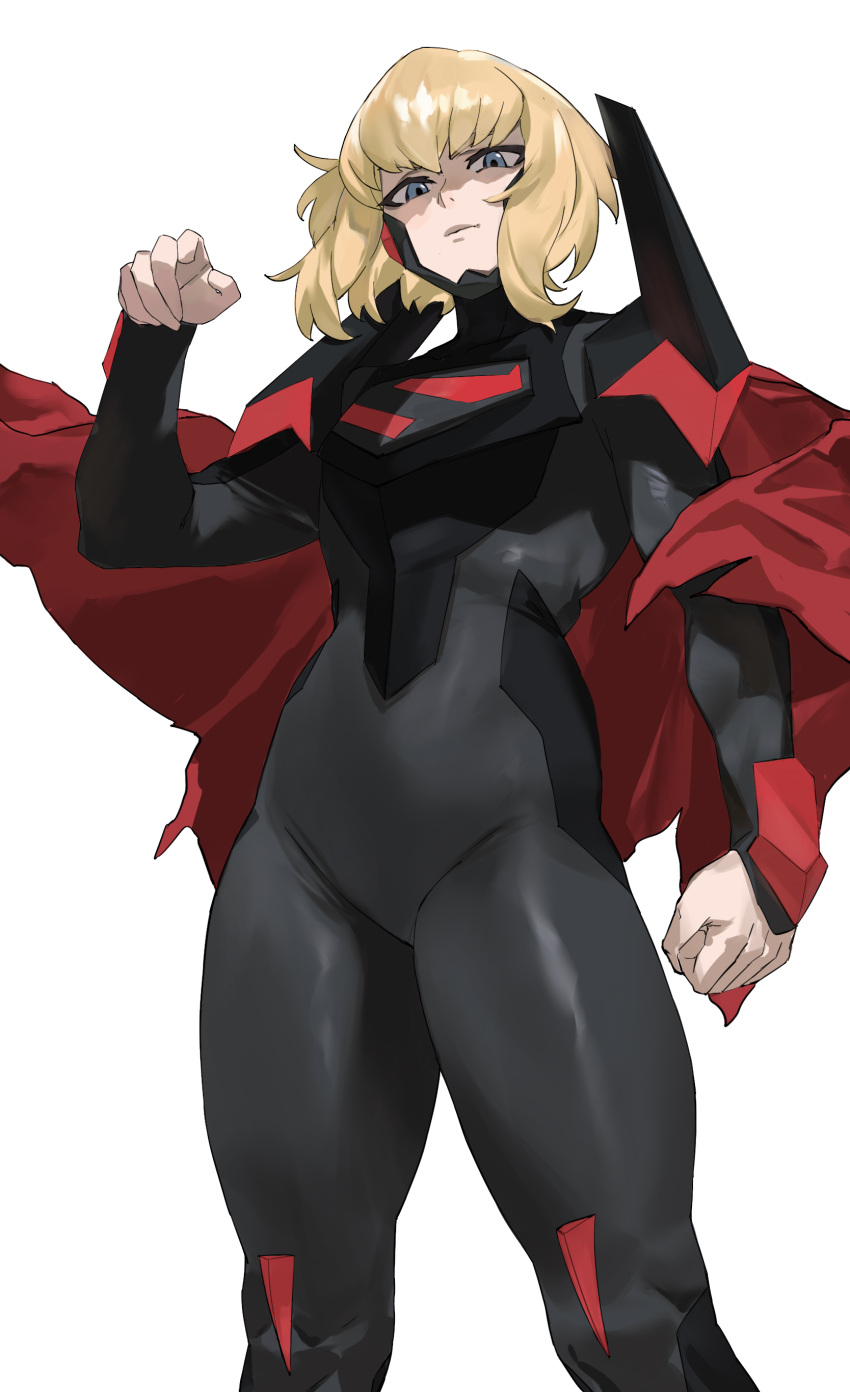 1girl, absurdres, black_bodysuit, blonde_hair, blue_eyes, bodysuit, cape, clenched_hand