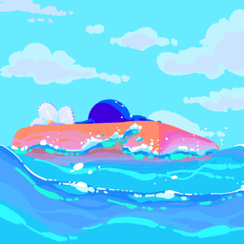 black_eyes, blue_pikmin, blue_skin, blue_sky, clouds, colored_skin, creature, creature_focus, day, flower, highres, looking_up, lying, no_humans, ocean, on_back, on_raft, outdoors, pikmin_(creature), pikmin_(series), sky, solo, water_drop, white_flower, yu_pikmin
