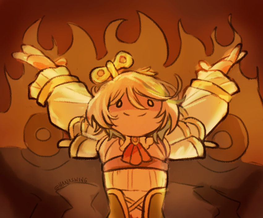 1girl, arms_up, ascot, cecilia_immergreen, cecilia_immergreen_(1st_costume), closed_mouth, colored_inner_hair, commentary