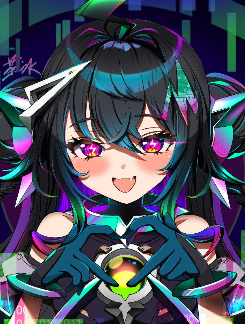 1girl, absurdres, bare_shoulders, black_hair, black_leotard, blue_gloves, colored_inner_hair, cyber_fashion