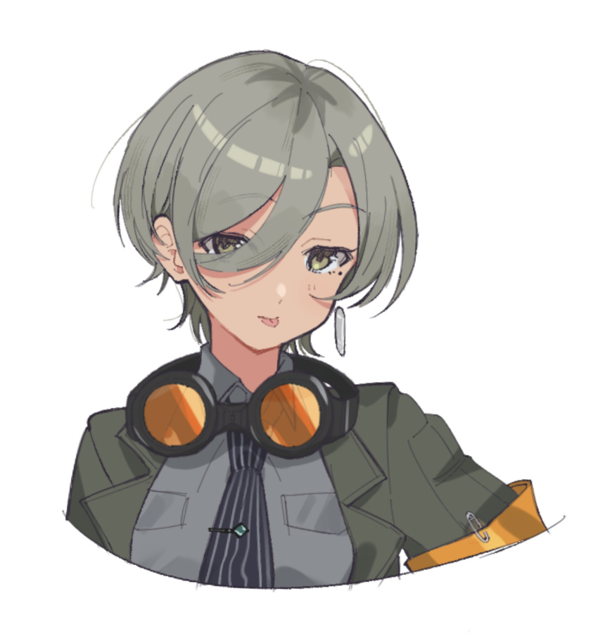 1girl, absurdres, black_necktie, brown_eyes, commentary, earrings, girls_band_cry, goggles