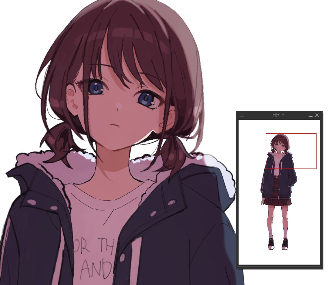 1girl, art_program_in_frame, blue_eyes, blue_jacket, brown_hair, closed_mouth, girls_band_cry, iseri_nina, jacket, kuji_(orca9ji), looking_at_viewer, low_twintails, open_clothes, open_jacket, red_skirt, shirt, short_hair, short_twintails, simple_background, skirt, socks, twintails, white_background, white_shirt, white_socks