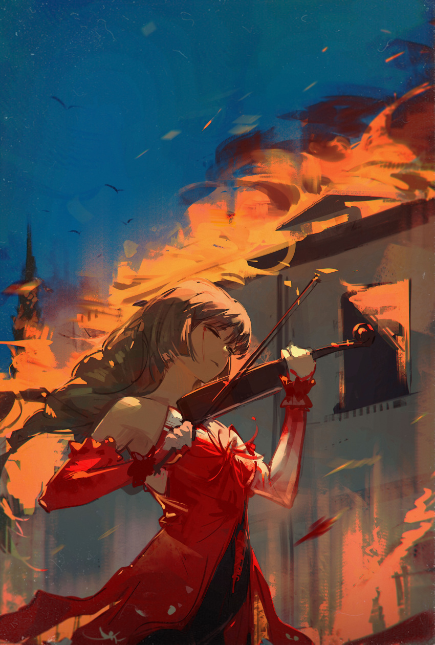1girl, absurdres, bare_shoulders, blood, blood_from_eyes, bow_(music), braid, building