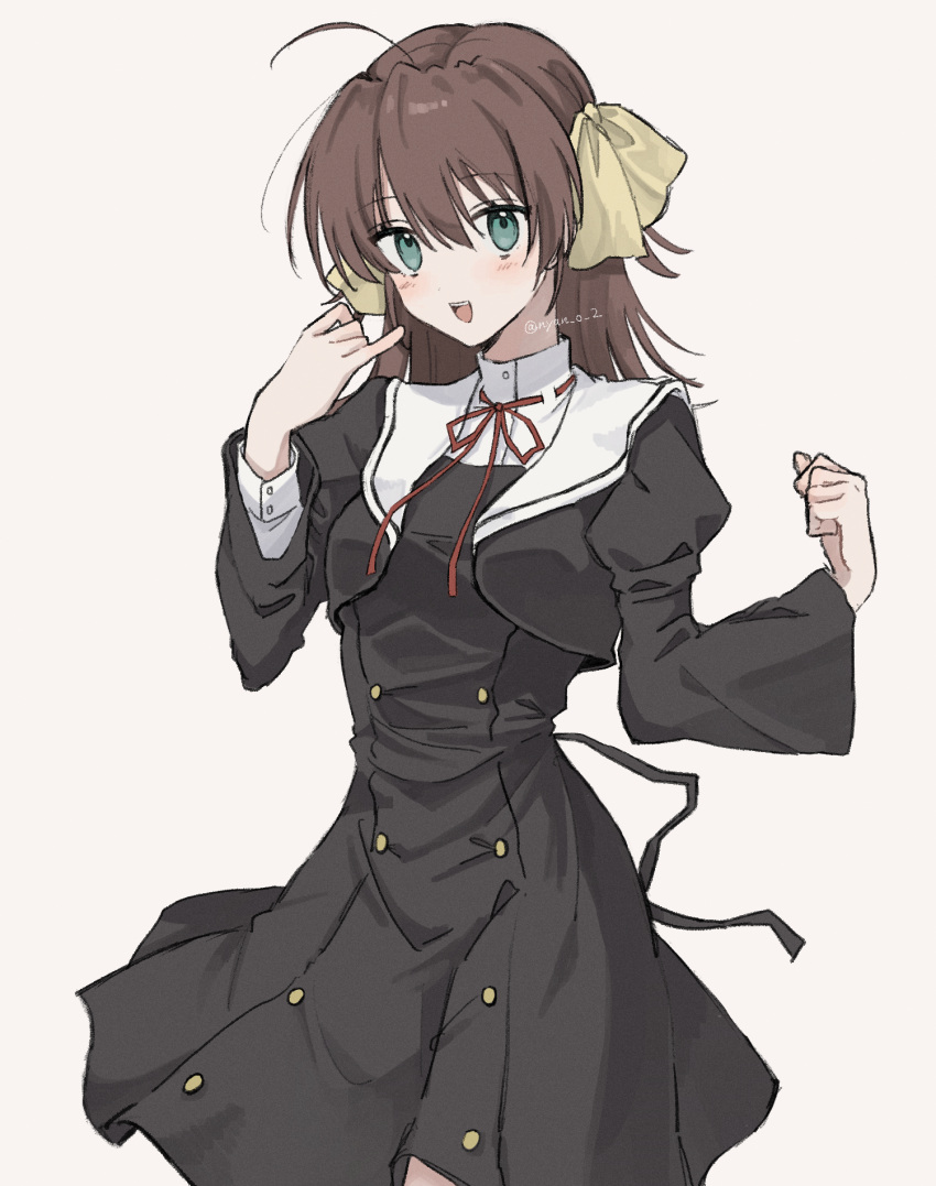1girl, ahoge, black_dress, brown_hair, dress, ef_(visual_novel), green_eyes, hair_between_eyes