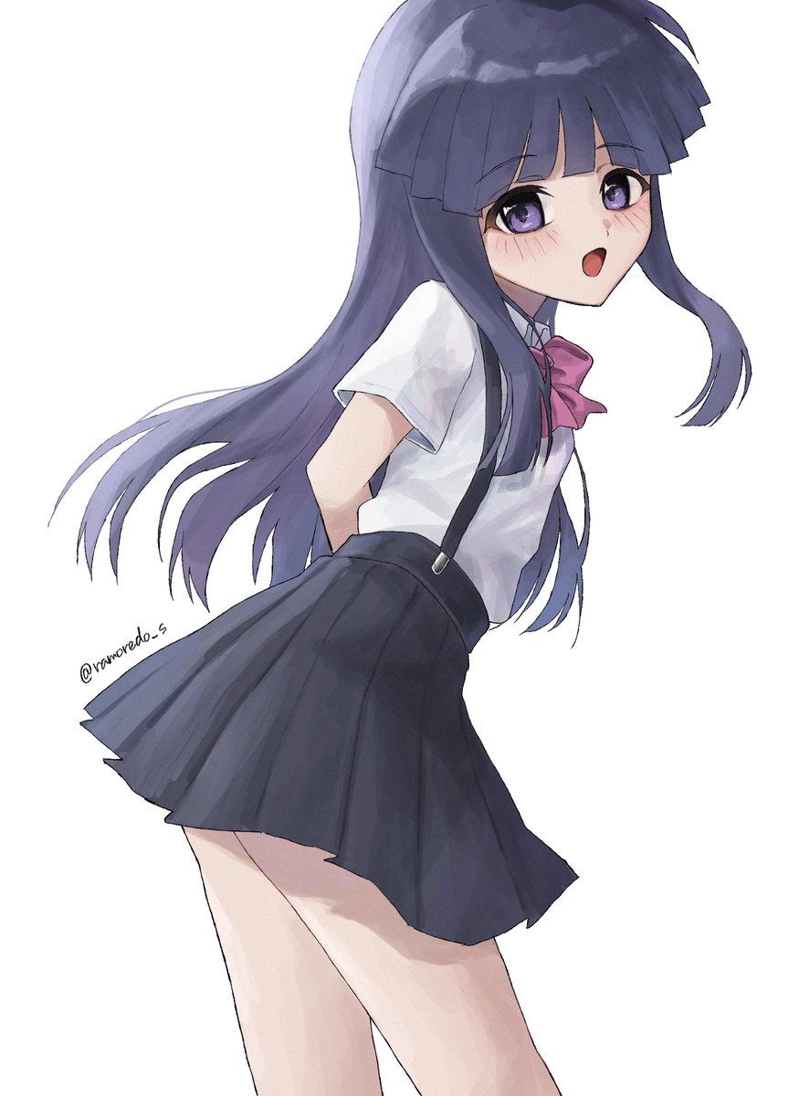1girl, arms_behind_back, blue_hair, blunt_bangs, blush, bow, commentary, feet_out_of_frame, from_side, furude_rika, highres, higurashi_no_naku_koro_ni, long_hair, looking_at_viewer, open_mouth, pleated_skirt, purple_hair, ramoredo, school_uniform, shirt, shirt_bow, skirt, solo, suspender_skirt, suspenders, twitter_username, violet_eyes, white_background, white_shirt