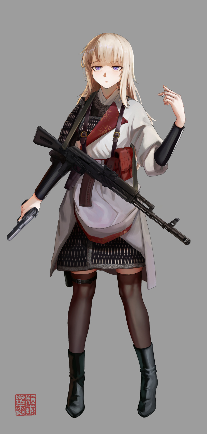 1girl, absurdres, ak-74m, ak74m_(girls'_frontline), alternate_costume, assault_rifle, black_boots, black_thighhighs, blonde_hair, boots, cigarette, commentary, english_commentary, girls_frontline, grey_background, gun, gun_sling, handgun, highres, holding, holding_cigarette, holding_gun, holding_weapon, k0ushou, kalashnikov_rifle, long_hair, parted_lips, pouch, rifle, simple_background, solo, standing, thigh-highs, tokarev_tt-33, triangle_mouth, trigger_discipline, violet_eyes, weapon