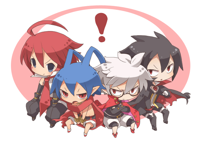 adell, ahoge, black_hair, blue_eyes, blue_hair, cape, chibi, disgaea