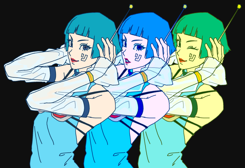 1girl, aqua_hair, bare_shoulders, bis_(jsr), black_background, blue_eyes, blue_hair, blue_shirt, detached_sleeves, grey_eyes, hands_on_headphones, headphones, highres, jet_set_radio, jet_set_radio_future, multiple_views, one_eye_closed, parted_lips, pnrcs2, recursion, shirt, simple_background, sleeveless, smile, upper_body, v-shaped_eyebrows
