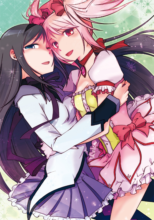 akemi_homura, black_hair, bubble_skirt, kaname_madoka, koya_higashi, long_hair, magical_girl, mahou_shoujo_madoka_magica, multiple_girls, pantyhose, pink_hair, red_eyes, tears