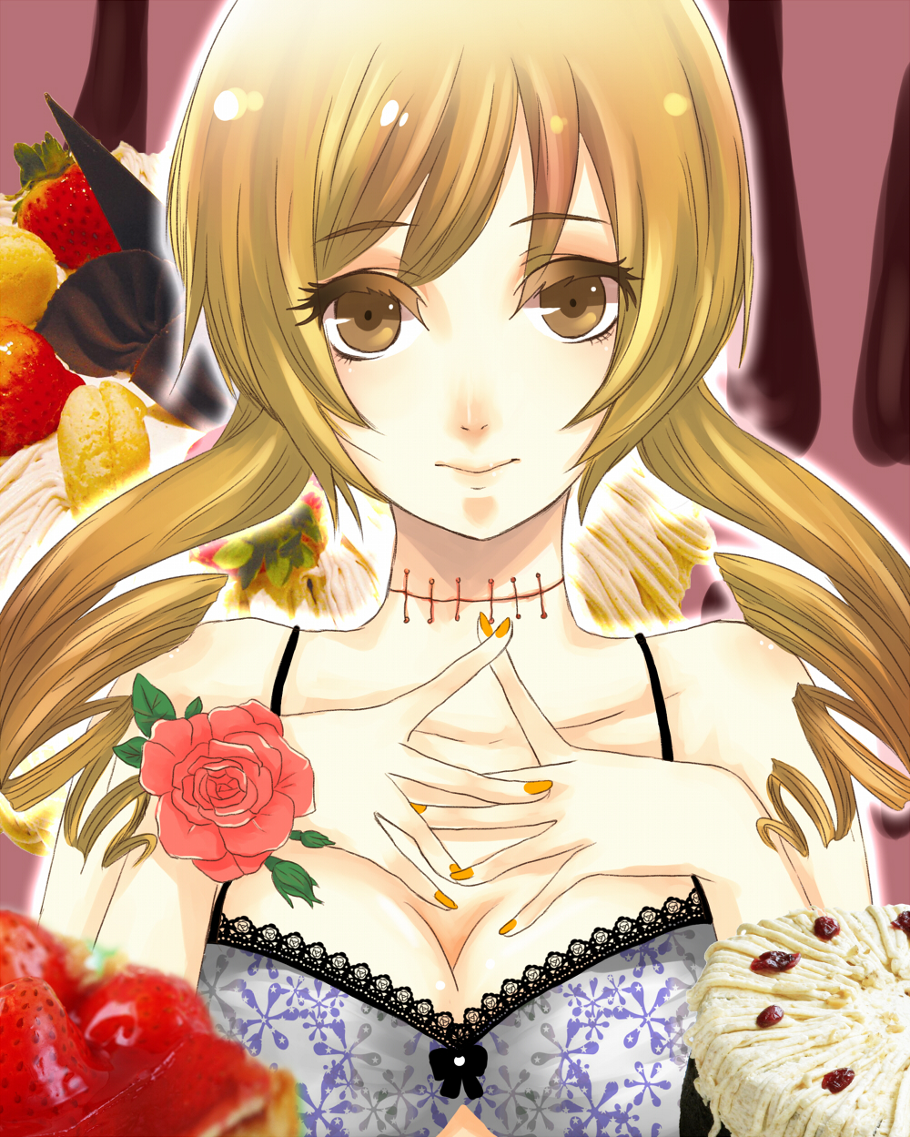 alternate_costume, bare_shoulders, blonde_hair, bra, breasts, cake, chungeyubaye, cleavage, drill_hair, flower, food, fruit, hands_on_own_chest, hands_to_chest, highres, lingerie, mahou_shoujo_madoka_magica, mami_mogu_mogu, nail_polish, portrait, red_rose, rose, scar, solo, spoilers, stitches, strawberry, tomoe_mami, twin_drills, underwear, witch's_labyrinth, witch's_labyrinth, yellow_eyes
