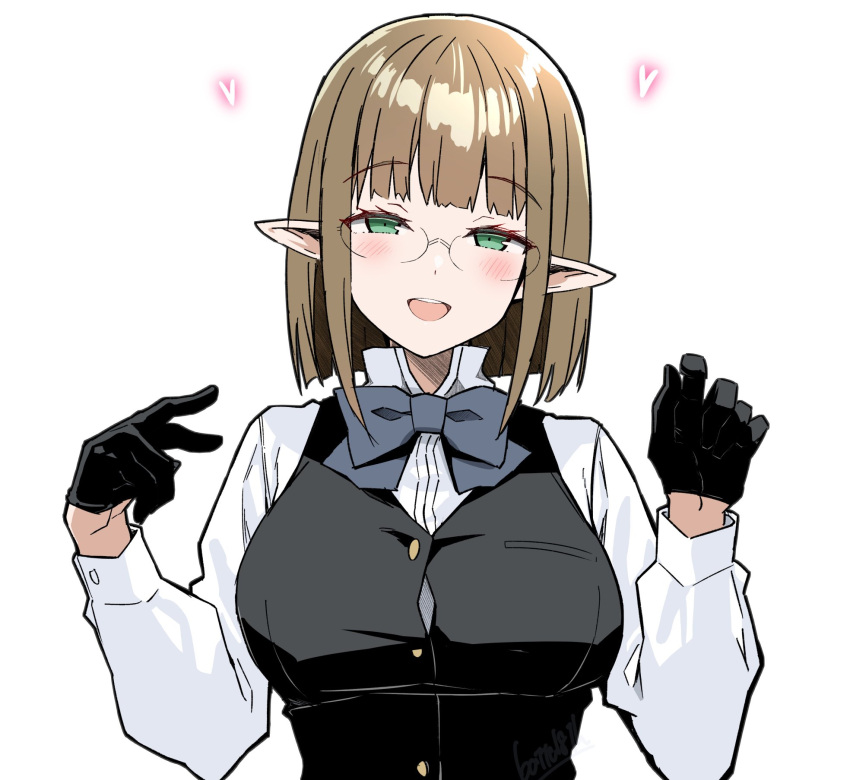 1girl, :d, batta_16-sei, black_gloves, blush, bow, bowtie, brown_hair