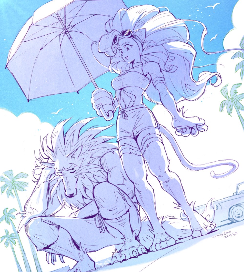 1boy, 1girl, animal_ears, bird, blue_sky, cat_ears, cat_girl, cat_tail, clouds, cloudy_sky, coconut_tree, darkstalkers, eyewear_on_head, felicia_(darkstalkers), furry, furry_male, holding, holding_umbrella, jon_talbain, looking_at_another, looking_down, looking_up, ooobxdooo, palm_tree, partially_colored, pawpads, sky, squatting, sunglasses, tail, tree, umbrella, werewolf, wolf_boy, wolf_ears, wolf_tail