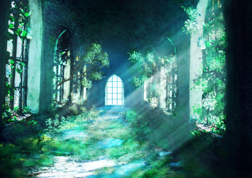 abandoned, absurdres, arched_window, chinese_commentary, commentary_request, day, grass, highres