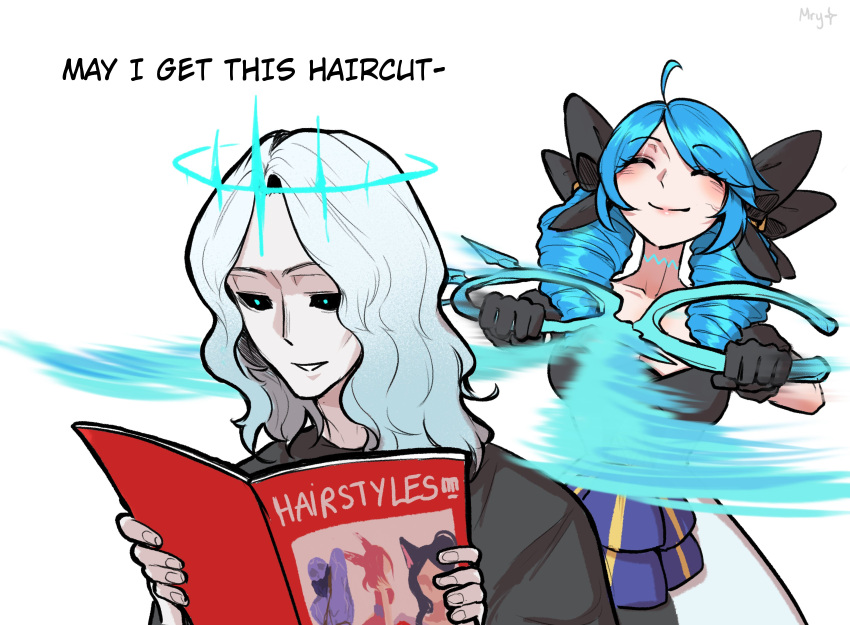 1boy, 1girl, absurdres, ahoge, black_bow, black_gloves, black_sclera, blue_hair