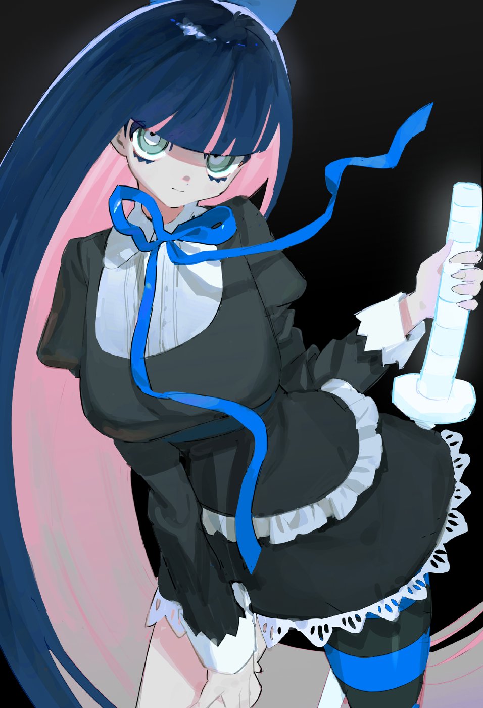 1girl, black_background, black_dress, blue_bow, blue_hair, blue_ribbon, bow, breasts