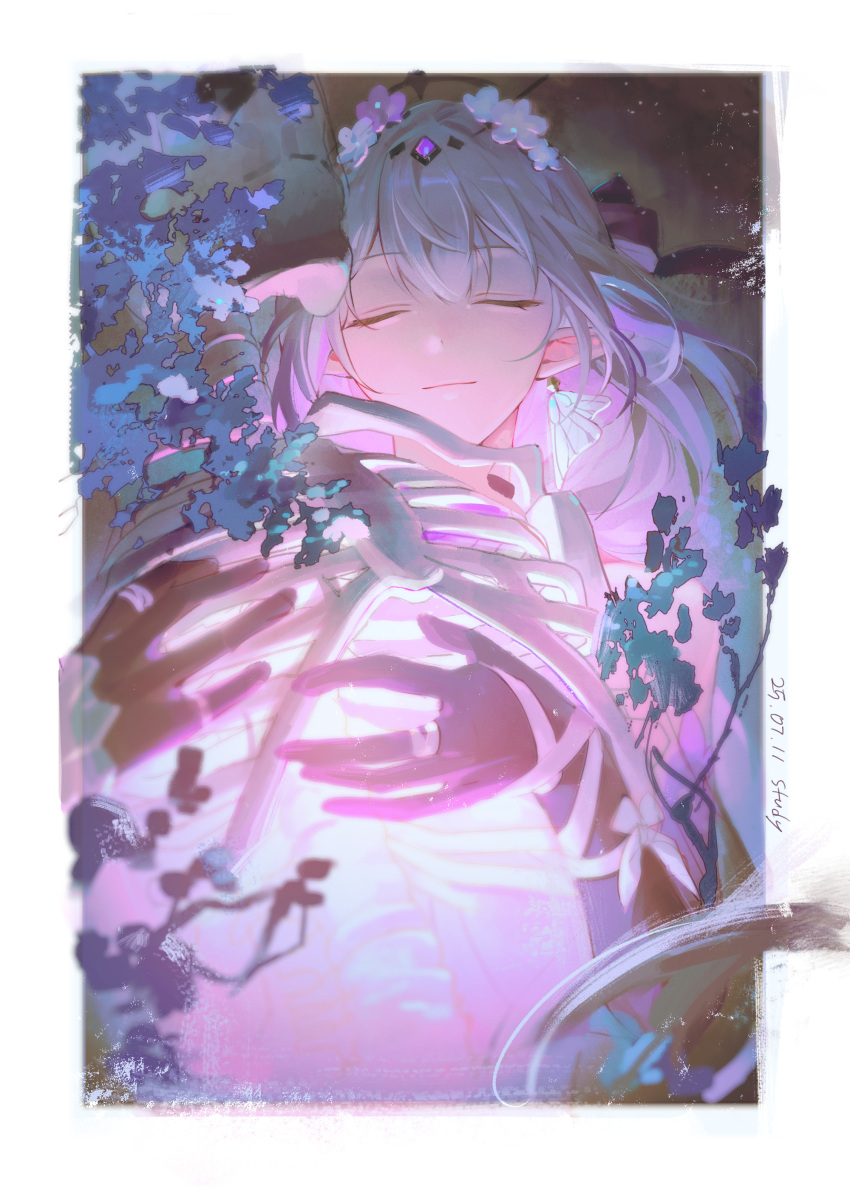 1girl, absurdres, bina_(sebin_13), border, castorice_(honkai:_star_rail), closed_eyes, closed_mouth, commentary