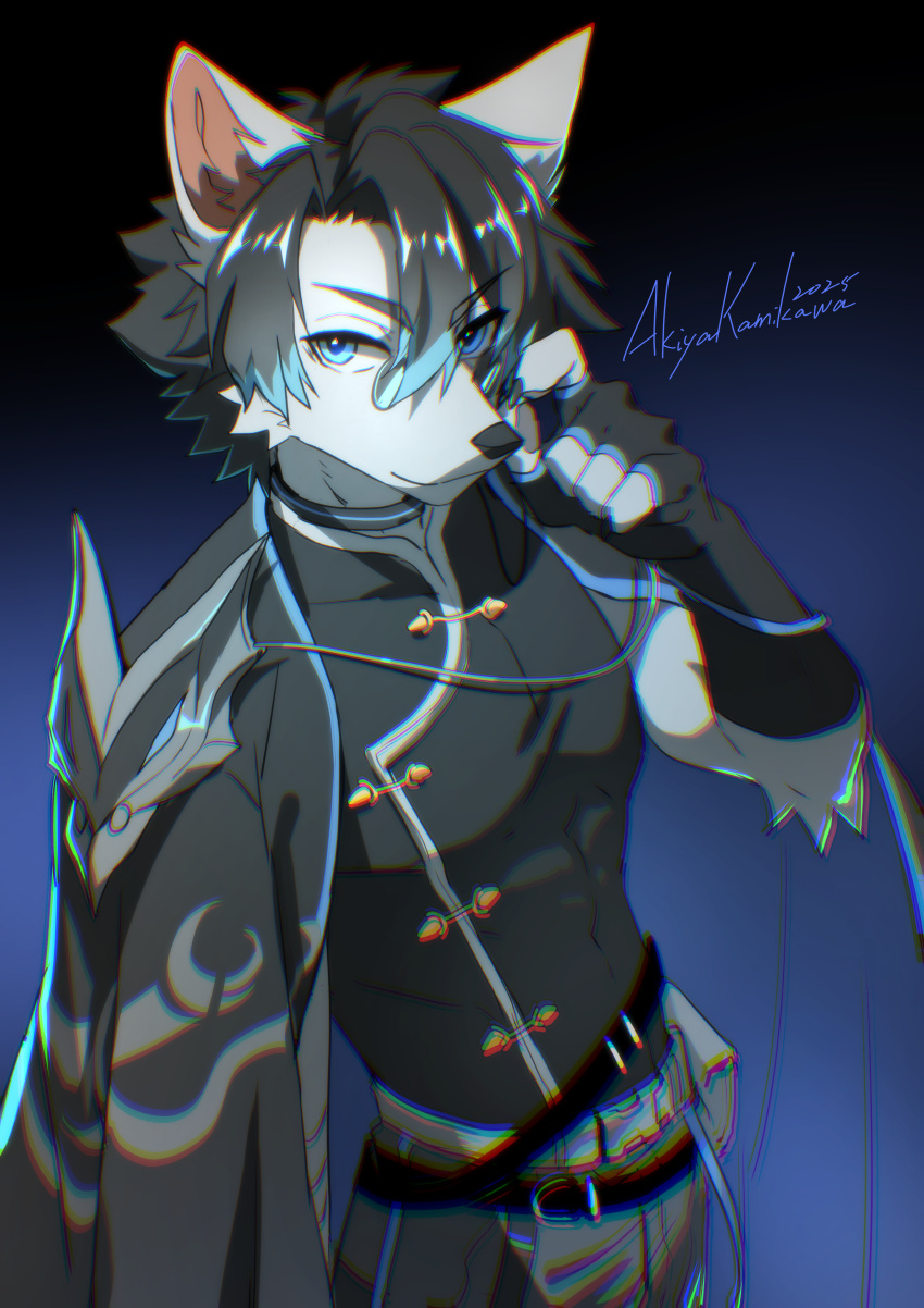 1boy, abs, absurdres, akiyakamikawa, animal_ears, artist_name, black_gloves, black_shirt