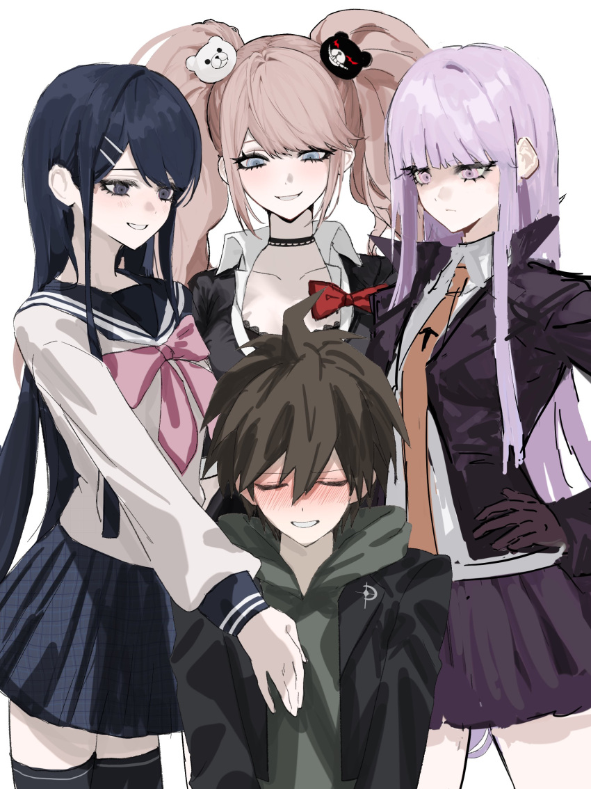 1boy, 3girls, absurdres, ahoge, bear_hair_ornament, black_jacket, black_sailor_collar, black_skirt, blonde_hair, blue_skirt, blush, bow, bowtie, brown_hair, closed_mouth, danganronpa:_trigger_happy_havoc, danganronpa_(series), enoshima_junko, green_hoodie, grey_eyes, grin, hair_ornament, hairclip, hand_on_own_hip, harem, hetero, highres, hood, hood_down, hoodie, jacket, kirigiri_kyoko, maizono_sayaka, miniskirt, mole, mole_under_eye, multiple_girls, naegi_makoto, open_clothes, open_jacket, pink_bow, pink_bowtie, pink_hair, red_bow, sailor_collar, short_hair, skirt, smile, sukidesu, teeth, twintails