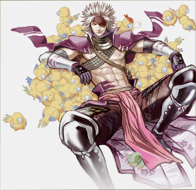 abs, animal, animalization, armor, bandana, bird, chosokabe_motochika, chousokabe_motochika, eyepatch, gloves, grey_hair, lying, male, mouri_motonari, nipples, nose_bubble, on_back, parrot, sengoku_basara, sleeping, solo, spiked_hair, spiky_hair, ya-ma-to
