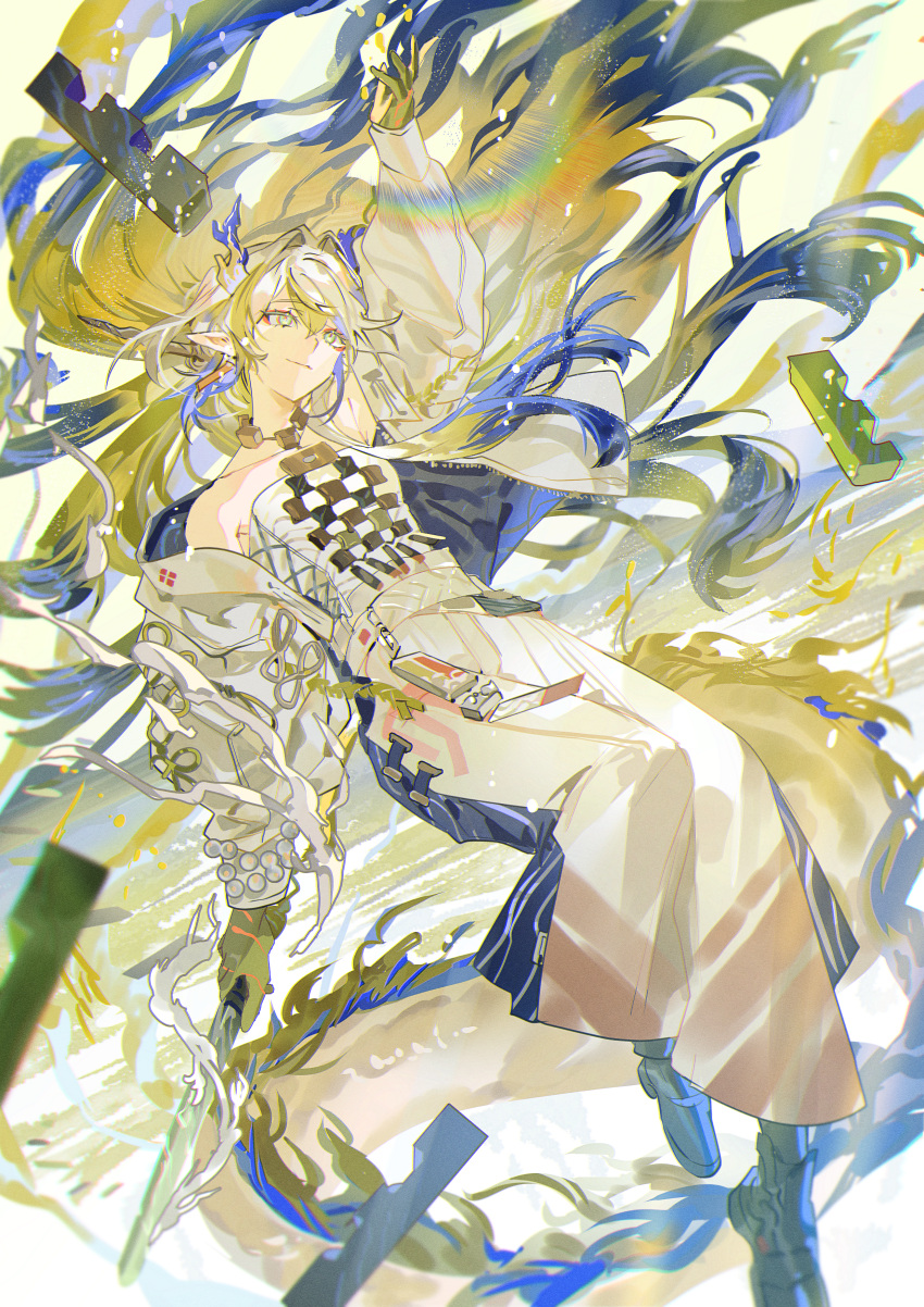 1girl, absurdres, arknights, arm_up, black_boots, blonde_hair, blue_hair, boots
