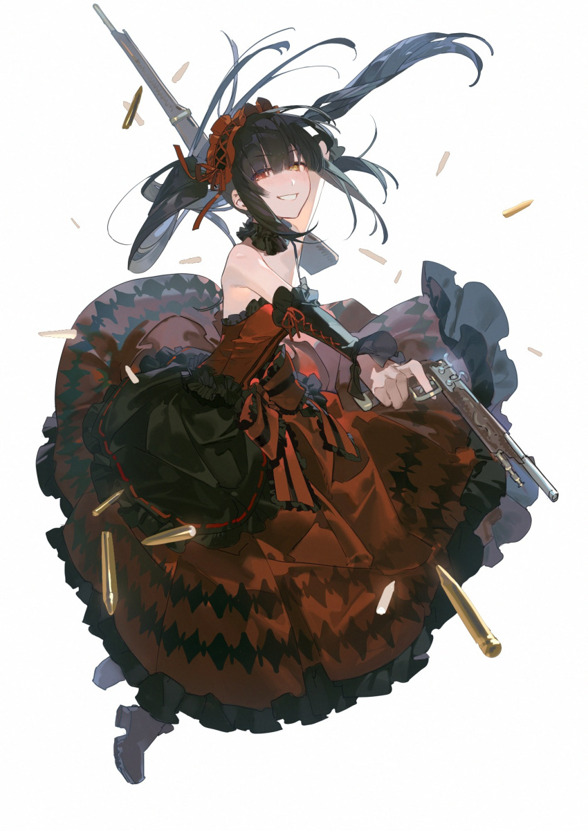 1girl, antique_firearm, argyle_clothes, argyle_dress, arm_up, asymmetrical_dual_wielding, bare_shoulders, black_boots