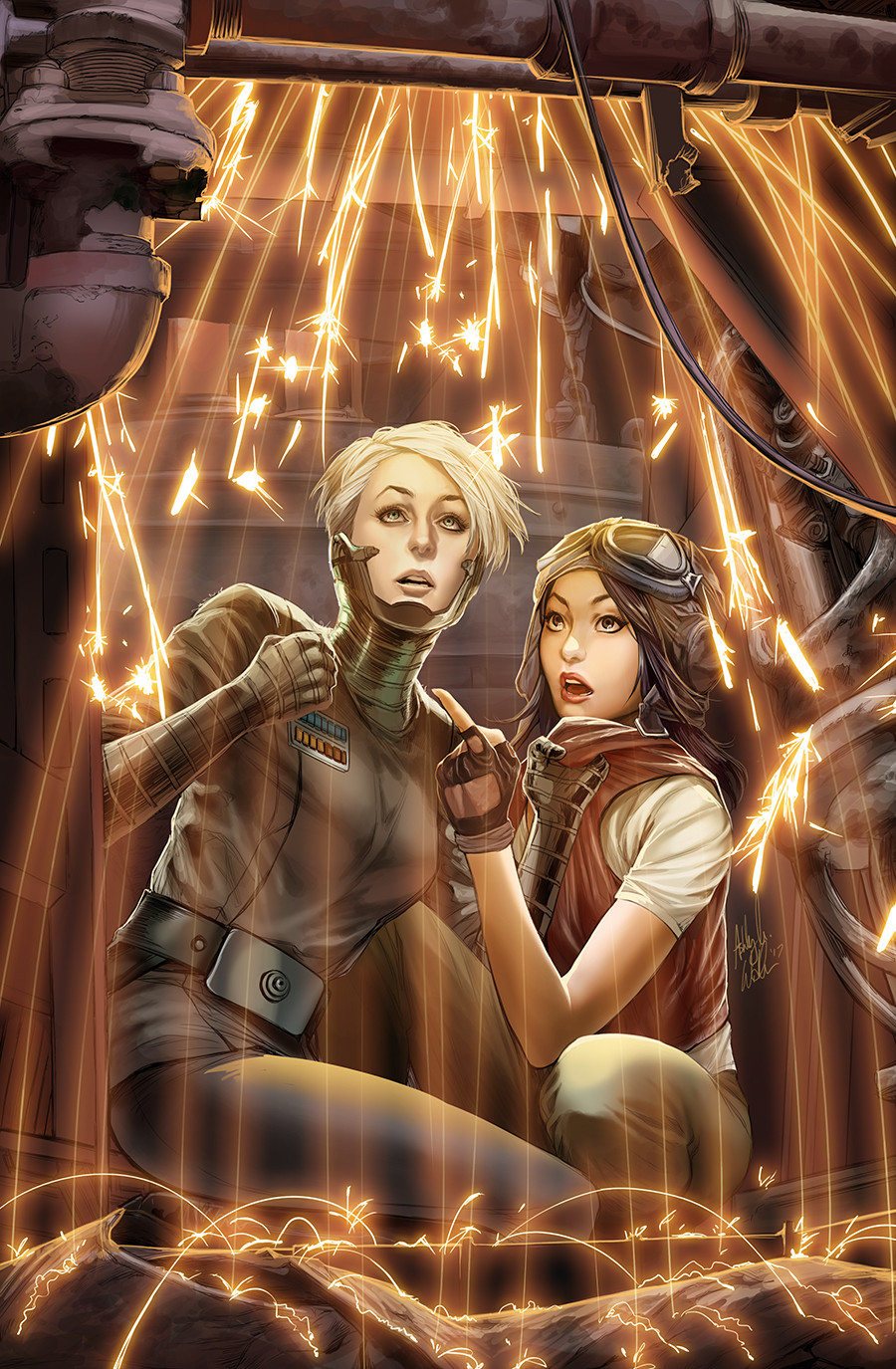 2girls, ashley_witter, aviator_cap, brown_eyes, brown_gloves, brown_jacket, brown_pants, chelli_lona_aphra