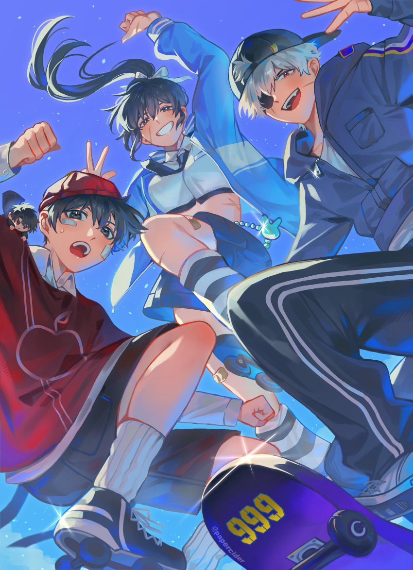 1girl, 3boys, absurdres, apple_print, arm_up, backwards_hat, baseball_cap, black_eyes