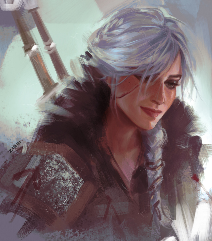 1girl, absurdres, ciri, highres, long_hair, ponytail, scar, scar_on_cheek