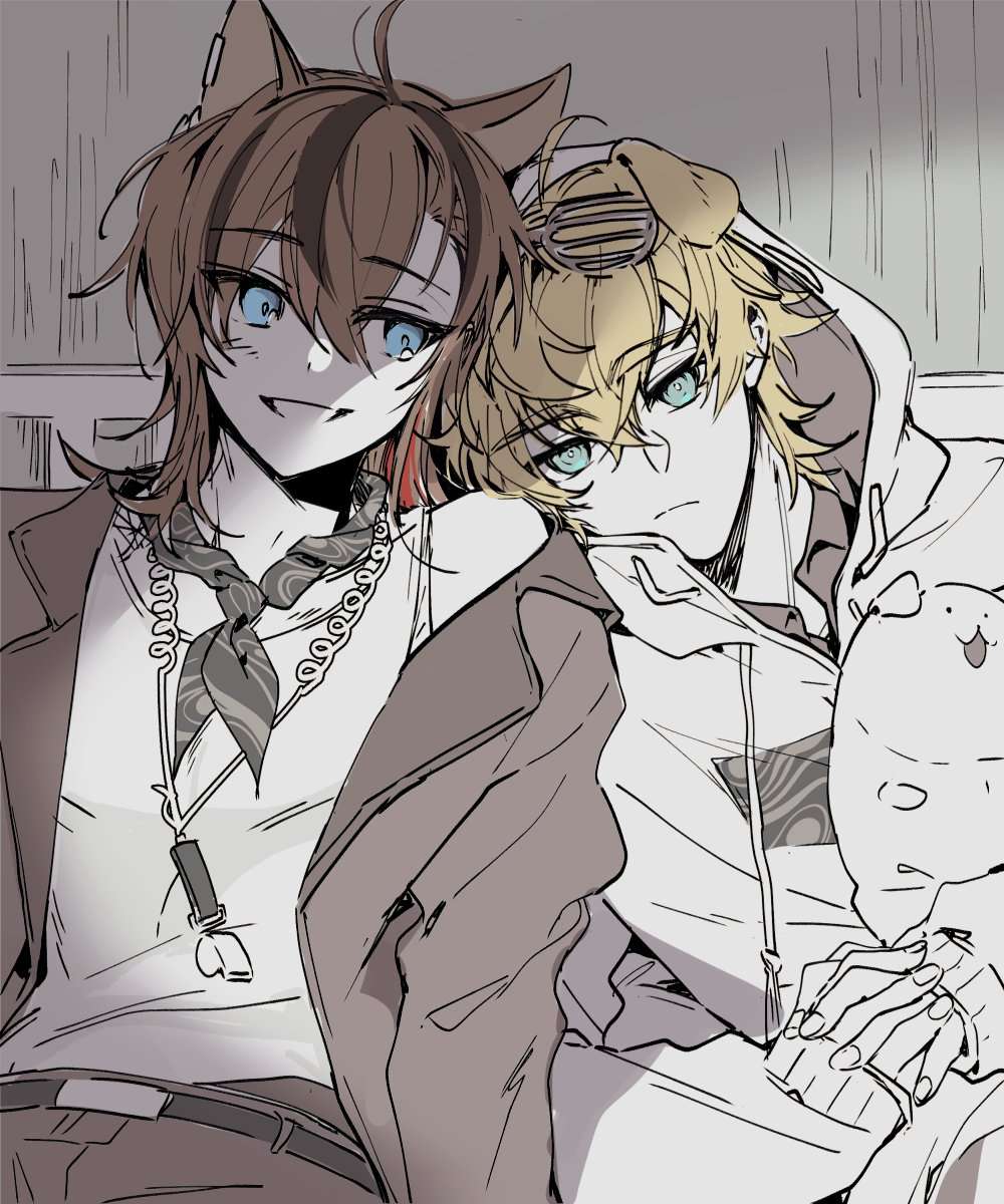 2boys, :3, ahoge, animal_ears, arknights, bare_shoulders, belt, black_belt, black_necktie, black_streaks, blonde_hair, blue_eyes, blush, brown_hair, cat_ears, closed_mouth, collared_shirt, dog_boy, dog_ears, ear_piercing, eyewear_on_head, frown, hair_between_eyes, highres, hood, hood_down, hoodie, jacket, jewelry, jtm_arkn, looking_at_another, looking_at_viewer, male_focus, multiple_boys, necklace, necktie, open_clothes, open_jacket, open_mouth, own_hands_together, pants, piercing, shirt, sitting, smile, stainless_(arknights), striped_clothes, striped_pants, stuffed_animal, stuffed_toy, sunglasses, teeth, tequila_(arknights), thick_eyebrows, vest, white_vest