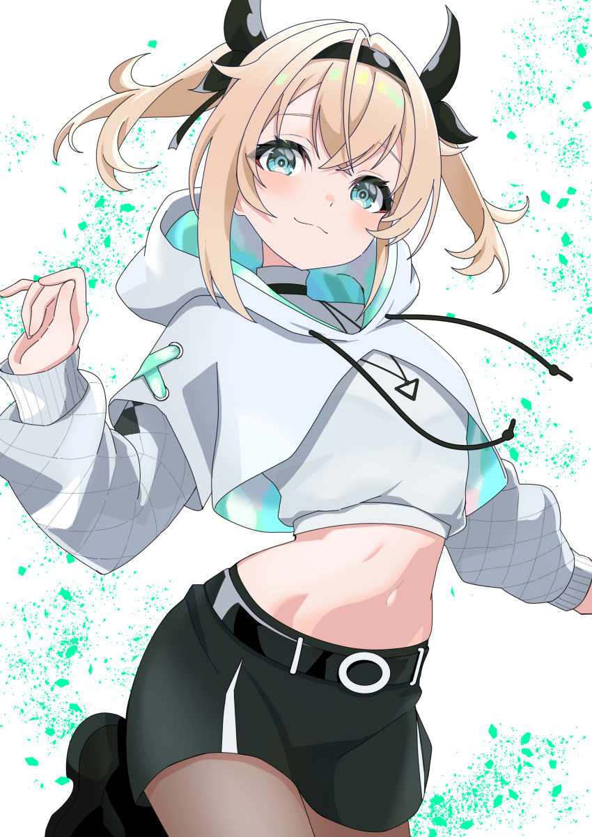 123haruno_oto, 1girl, absurdres, aqua_eyes, belt, black_belt, black_hairband, black_skirt