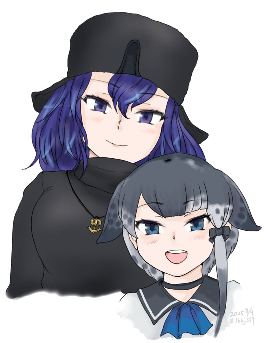 2girls, anchor_necklace, black_bow, black_choker, black_dress, black_hair, blowhole, blue_eyes