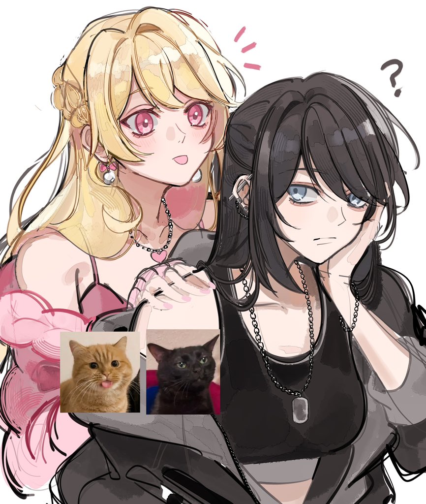 2girls, ?, black_hair, black_jacket, black_shirt, blonde_hair, cat, chain