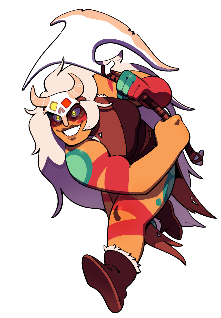 1girl, alternate_costume, boots, breasts, colored_skin, discount-supervillain, highres, horns, jasper_(post-corruption)_(steven_universe), jasper_(steven_universe), long_hair, mask, muscular, muscular_female, orange_skin, running, smile, solo, steven_universe, steven_universe:_future, very_long_hair, yellow_eyes