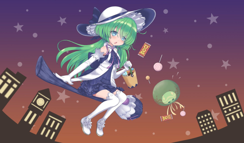 1girl, alternate_costume, bag, blue_dress, blue_eyes, blue_ribbon, broom, broom_riding