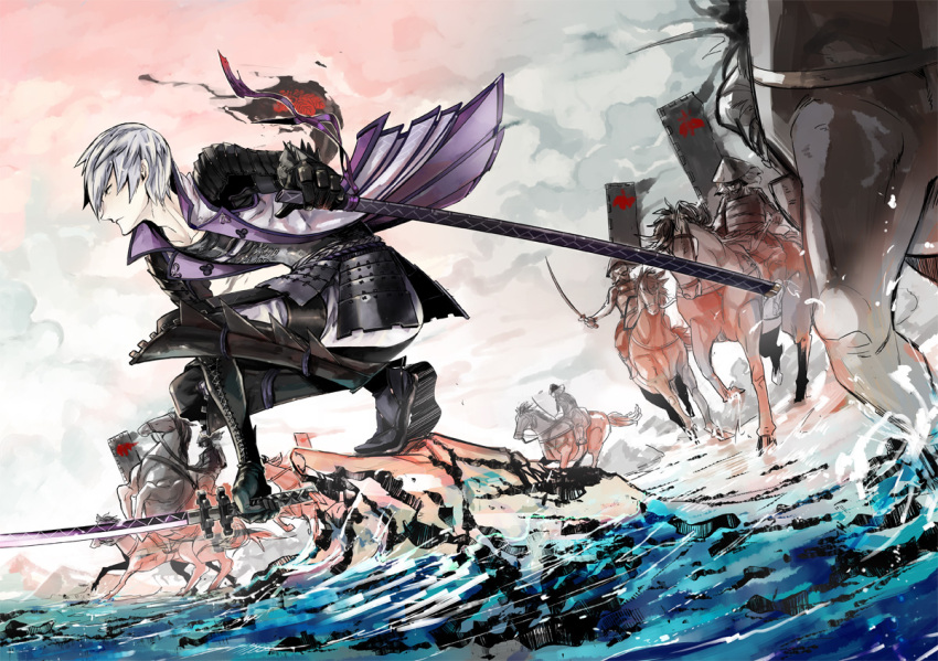 armor, banner, flag, horse, horseback_riding, ishida_mitsunari, ishida_mitsunari_(sengoku_basara), katana